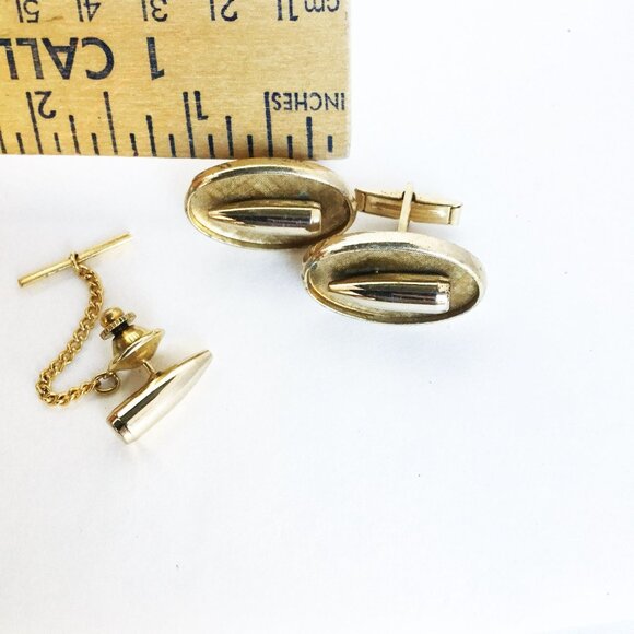 Bullet Design Cufflink Tie Tack Set Man Accessory Gold Tone Cuff Links Tack Pin - Picture 2 of 3